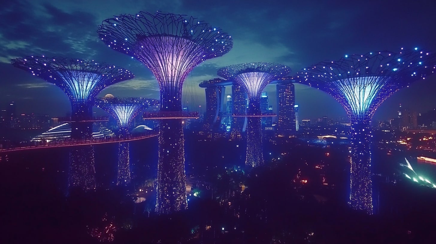 The Supertree Grove illuminated at night, with the colorful lights casting a glowing effect on the trees and the skyline of Singapore in the background