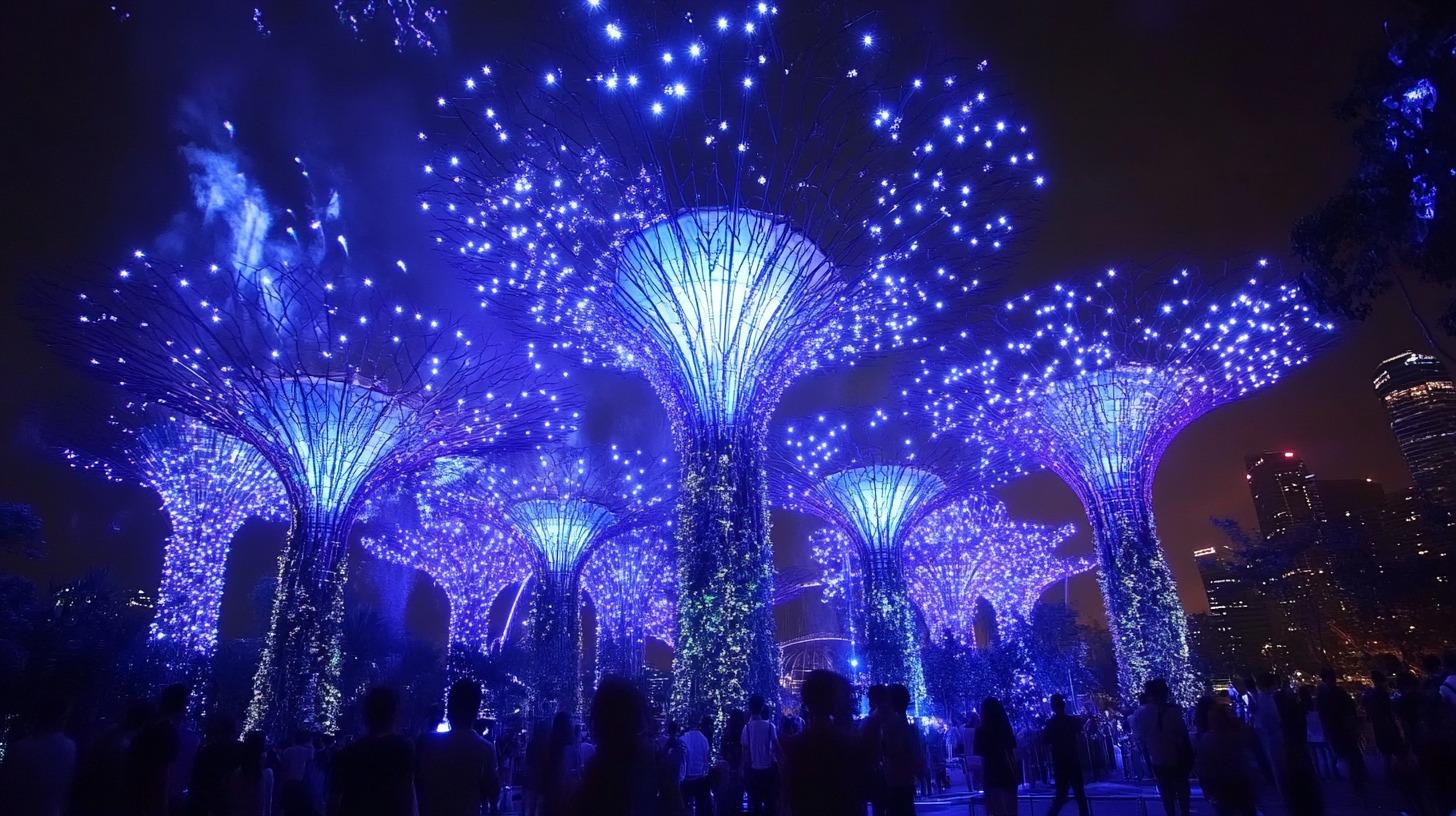 illuminated Supertrees at Gardens by the Bay in Singapore, glowing in vibrant blue lights against a night sky, with visitors admiring the view