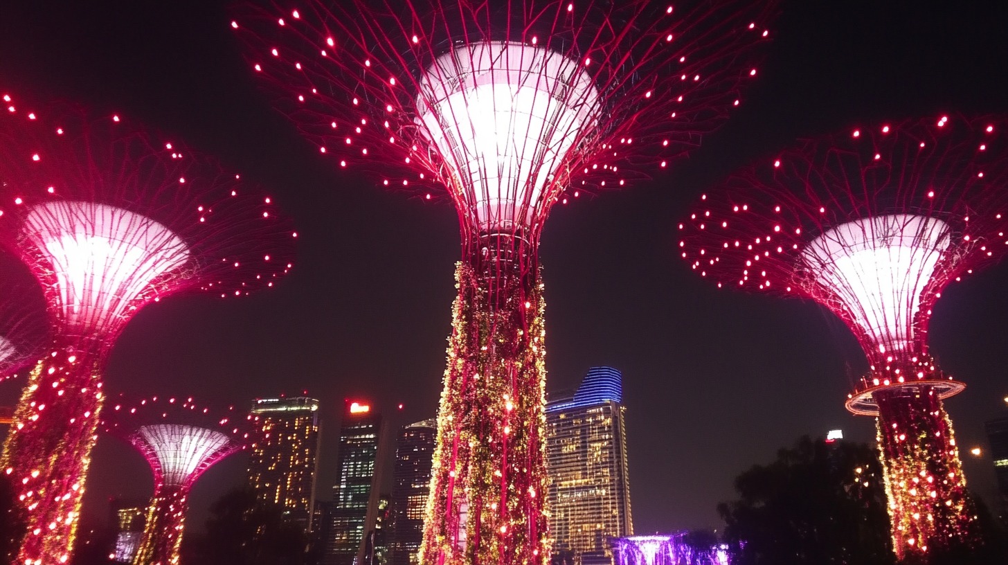 Colorful Supertrees illuminated with lights against the night sky, showcasing their unique structure amidst a city skyline