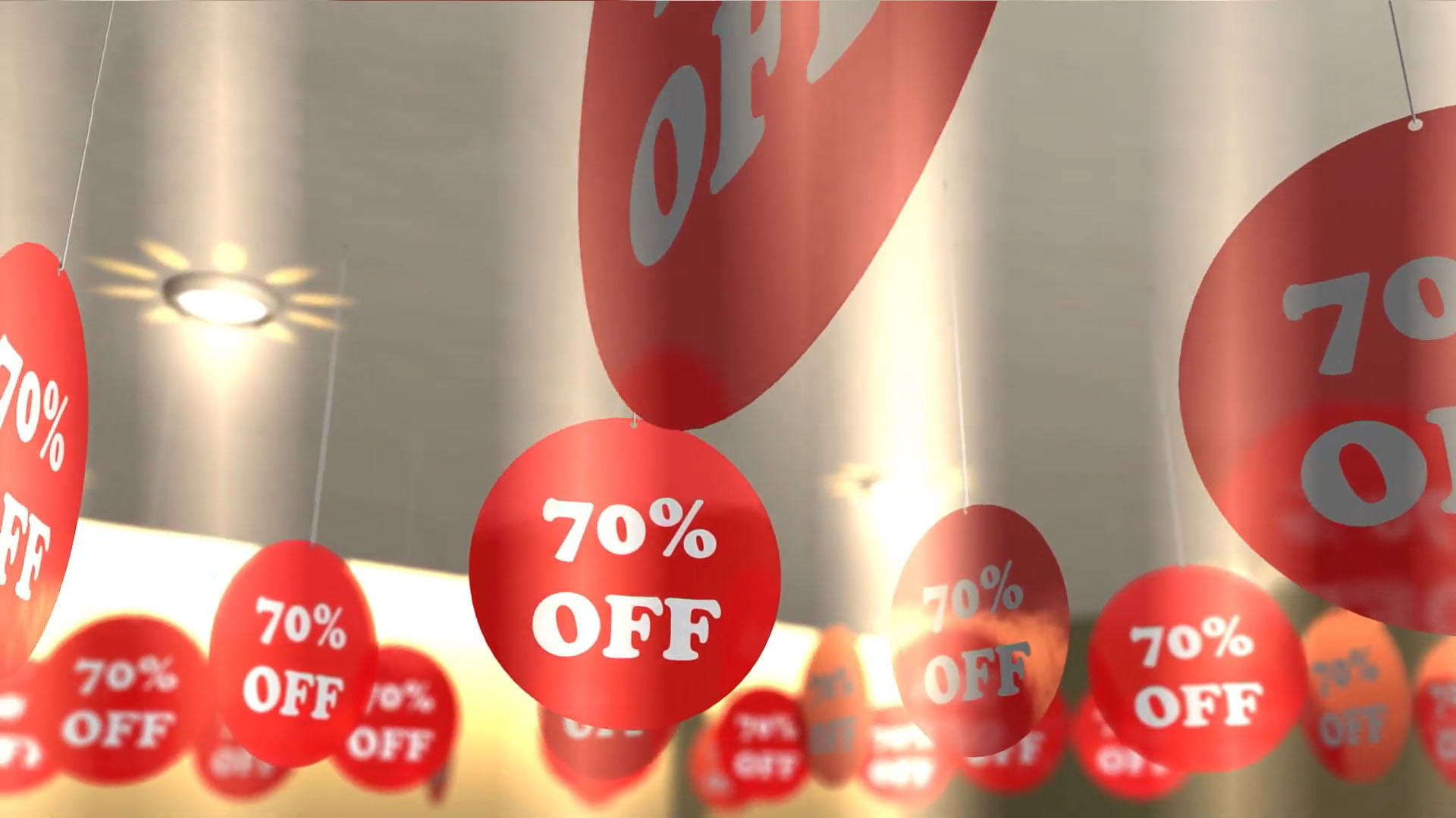 Red sale signs with "70% OFF" hanging in a brightly lit store, symbolizing discounts during the Great Singapore Sale event