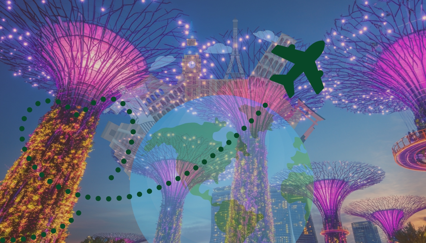 Illustrated collage of Singapore's Supertree Grove with iconic global landmarks, an airplane graphic, and a globe, symbolizing international travel to Singapore