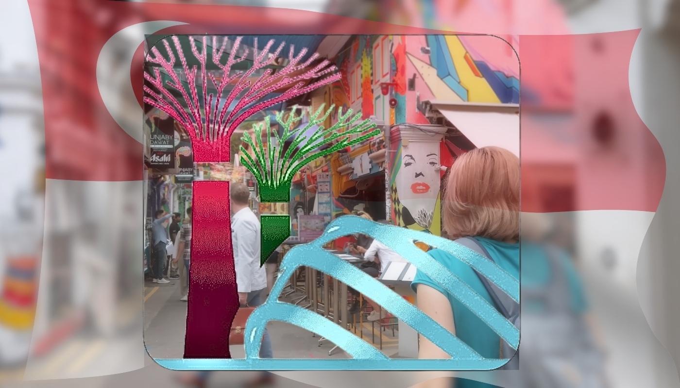 A colorful street scene in Singapore with murals, artistic sculptures, and people walking through a lively alley