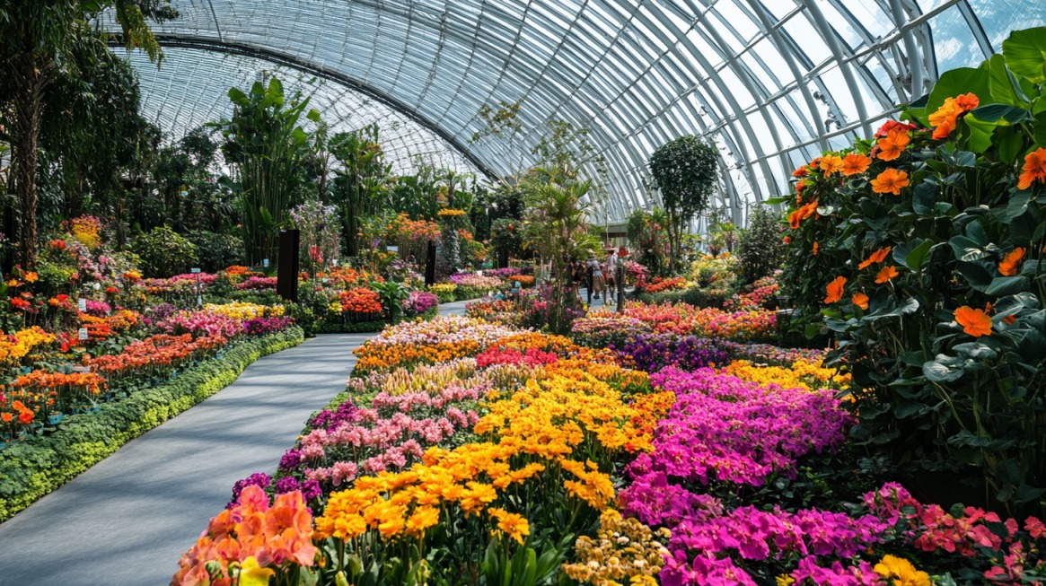 A lush indoor botanical garden with vibrant flowers in shades of pink, yellow, orange, and purple, housed under a large glass-domed structure